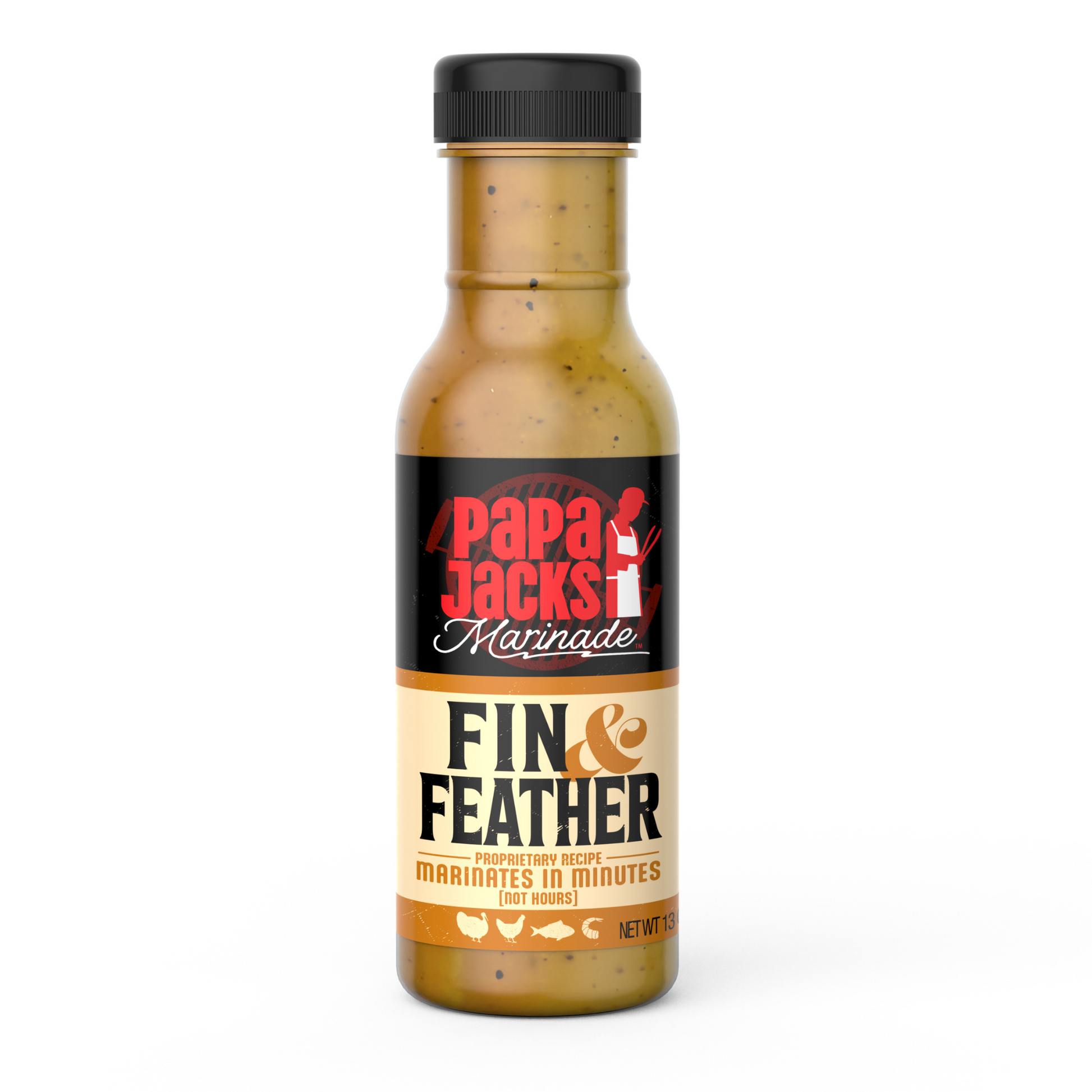 A bottle of Papa Jack's Marinades with the label reading "Fin & Feather" in bold letters. The bottle is light yellow with visible seasoning flecks, topped with a black cap. The label features a black and cream design with accents of orange, and the tagline reads, "Proprietary Recipe, Marinates in Minutes," with small icons of fish and poultry below.