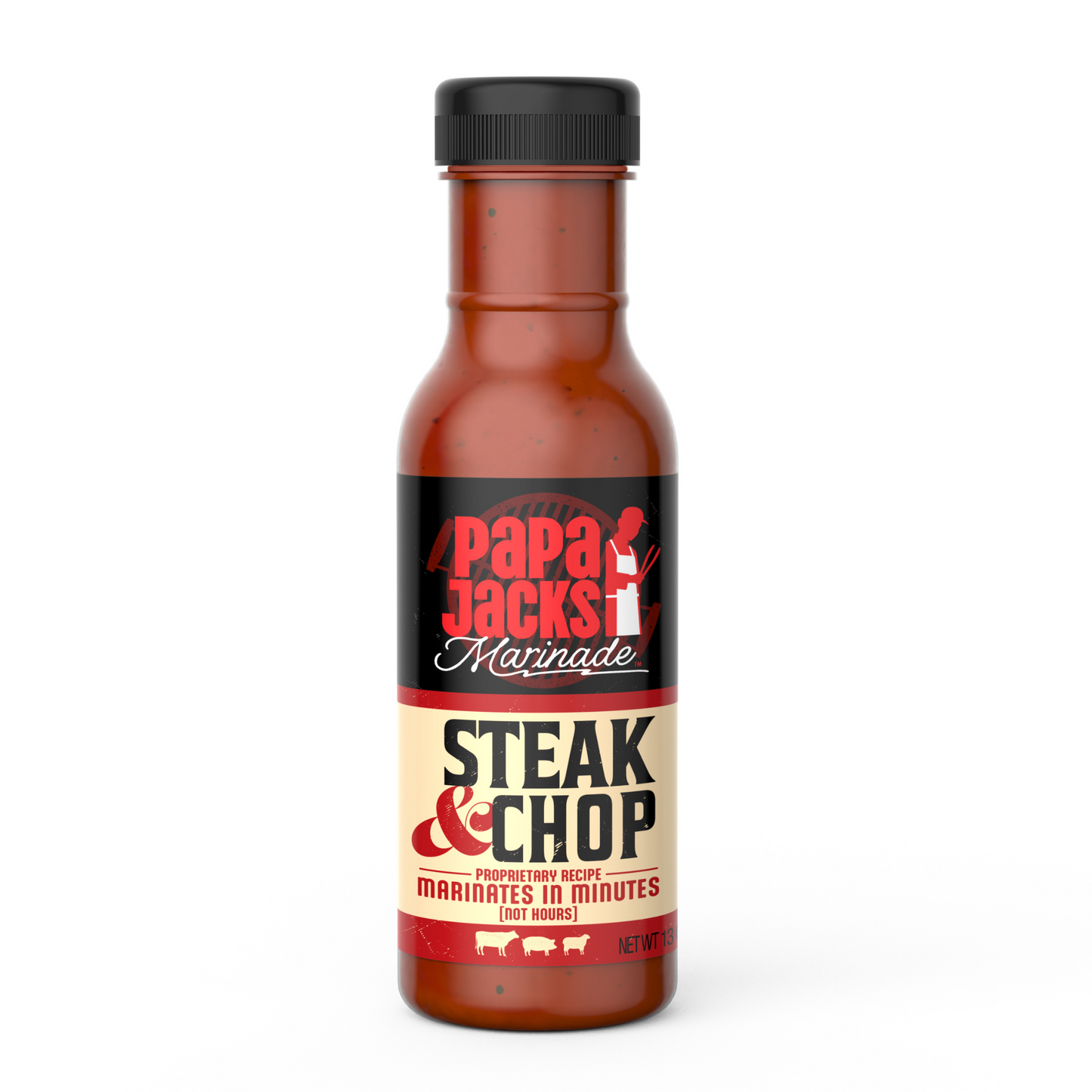 A bottle of Papa Jacks Marinades with the label reading "Steak & Chop" in bold letters. The bottle is a reddish-brown color with a black cap, and the label features a vintage-style design in red, cream, and black colors. The tagline below reads, "Proprietary Recipe, Marinates in Minutes (Not Hours).