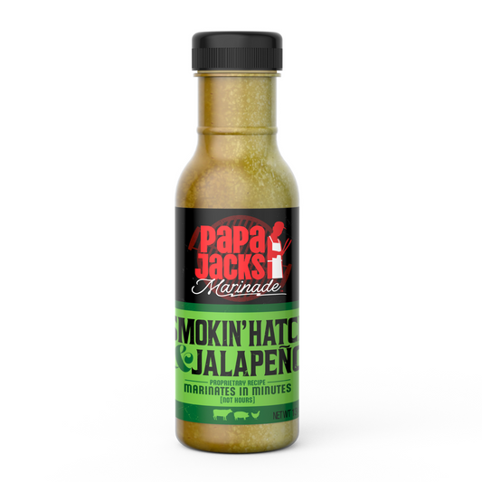 This is a photo of a bottle of Papa Jacks Smokin Hatch and Jalapeno Marinade.